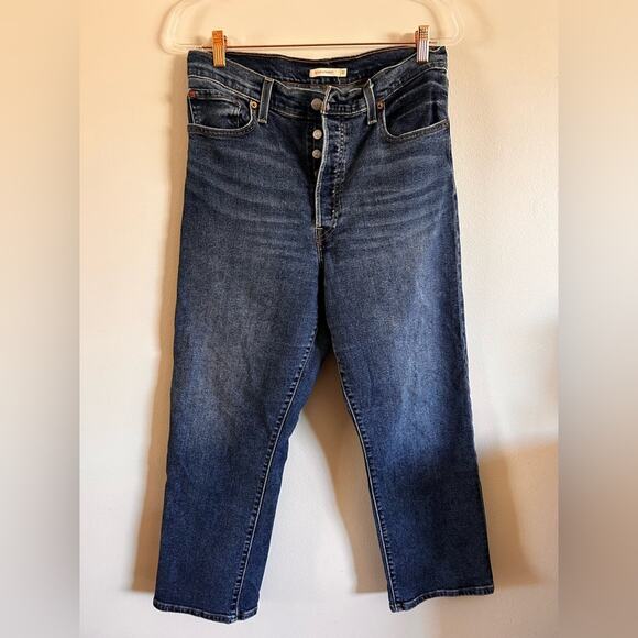 Levis Ribcage Straight Jean Dark Wash Denim Women's Size 32 Button Fly Wiskering - Picture 1 of 5